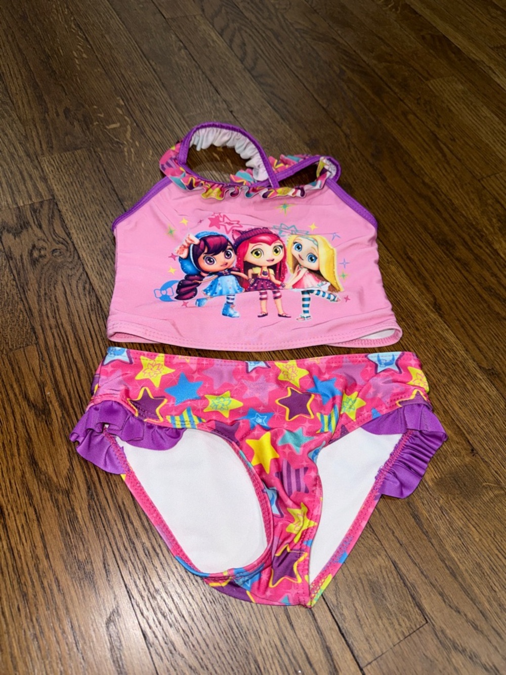 Kids Pink Star Print Bikini Set with Character Graphic